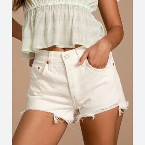 501 Mid-Rise White Distressed Denim Shorts